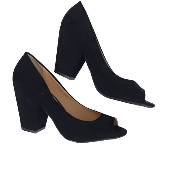 Cato Heels Black Block Heel Open Toe Faux Suede Career Shoes Size 8 Casual - Picture 3 of 5